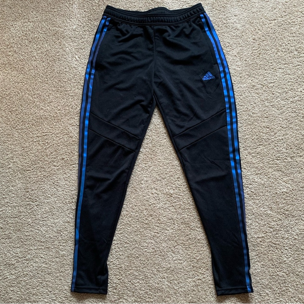 Adidas joggers with blue/purple metallic stripes. S
